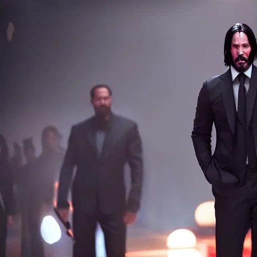Prompt: cinematic still of John Wick attending a Hillsong church service in John Wick (2009). modern worship singing. dynamic lighting. shallow depth of field, cinematic