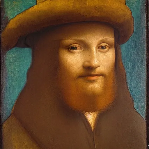 Image similar to an oil painting of a man in a hat, leonardo da vinci style,