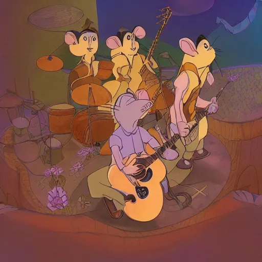 Image similar to rats playing in a rock band inspired by the beatles, beautiful, dreamlike, wholesome, ghibli and disney animation, sharp, intricated, art by ken anderson and mel shaw, bloom, dramatic lighting, brown palette,