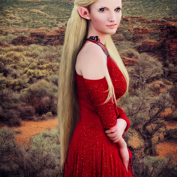 Prompt: Portrait of a young half elven woman with a beautiful red dress, lots of jewelry, Blonde long hair. freckels in hee face. Desert Hills in the background. Sharp Image. Detailed digital art.