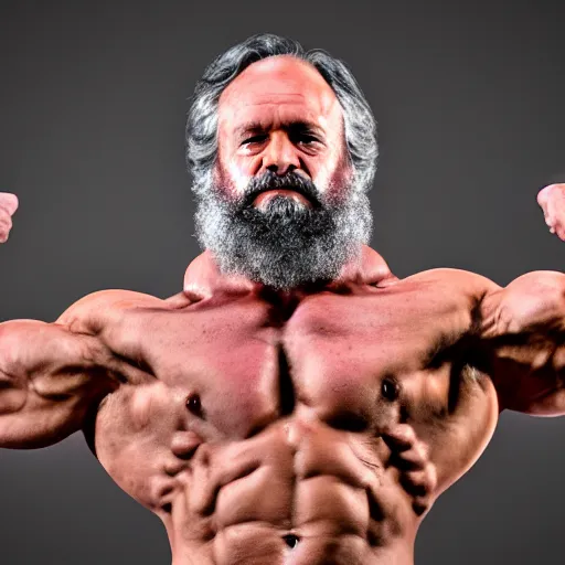 Prompt: a portrait photo of a buff! ripped! muscular! Karl Marx flexing his biceps, high quality, 8k, flickr