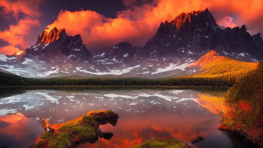 Image similar to amazing landscape photo of mountains with lake in sunset by marc adamus, beautiful dramatic lighting