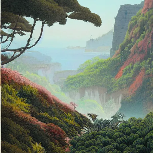 Image similar to detailed painting of a lush natural scene on an alien planet by tojiro oshita. beautiful landscape. weird vegetation. cliffs and water.