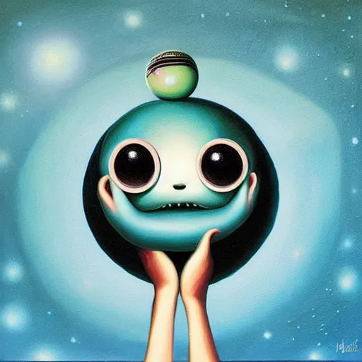 Image similar to a cute alien teal ’ c holds the universe in his hand, an ultrafine detailed painting by mark ryden, trending on deviantart, pop surrealism, whimsical, lowbrow, grotesque