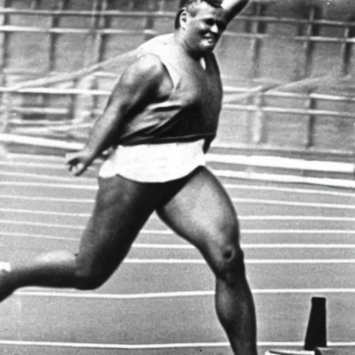 Image similar to peter griffin winning gold for hungary in the 1 9 3 8 berlin olympics, shotput medalist, black - and - white photograph