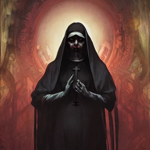 Image similar to A portrait of A zombie nun glowing black by greg rutkowski and alphonse mucha,In style of digital art illustration.Dark Fantasy.darksouls.hyper detailed,smooth, sharp focus,trending on artstation,4k