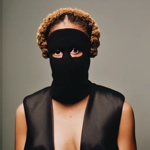 Image similar to realistic photoshooting for a new balenciaga lookbook, dark, color film photography, portrait of a beautiful woman, model is wearing a balaclava mask, in style of tyler mitchell, 3 5 mm,