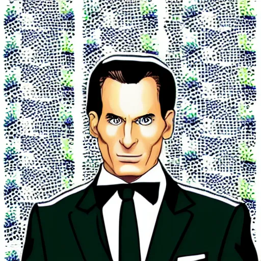 Prompt: Patrick Bateman in a suit with a pattern made out of kiwi.com logo, realistic, highly detailed