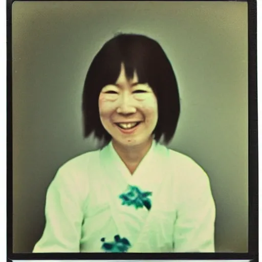 Image similar to 1 9 7 0 s polaroid of a female japanese folk musician gently smiling, hazy, faded