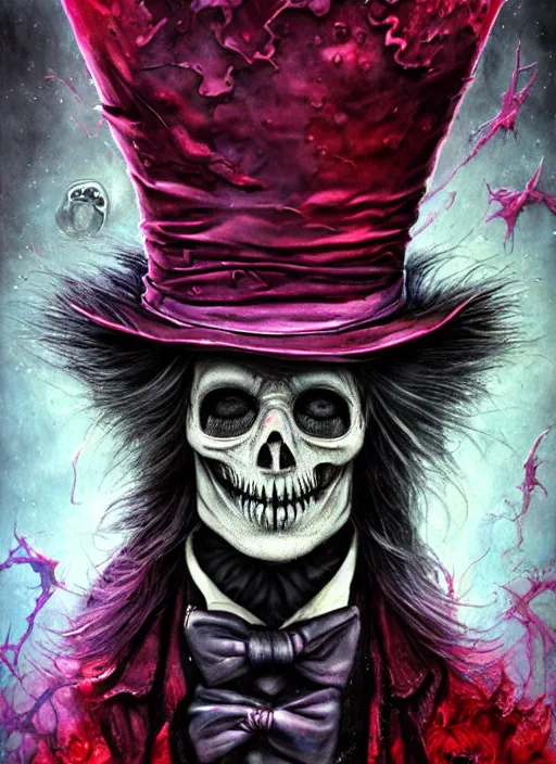 Image similar to mad hatter, alien, skull, highly detailed, cinematic, 8 k, by megan duncanson, benjamin lacombe, adrian borda, stanley artgermm, tom bagshaw, craig mullins, carne griffiths, ayami kojima, beksinski, giger, trending on deviantart, hyper detailed, horror, full of colour