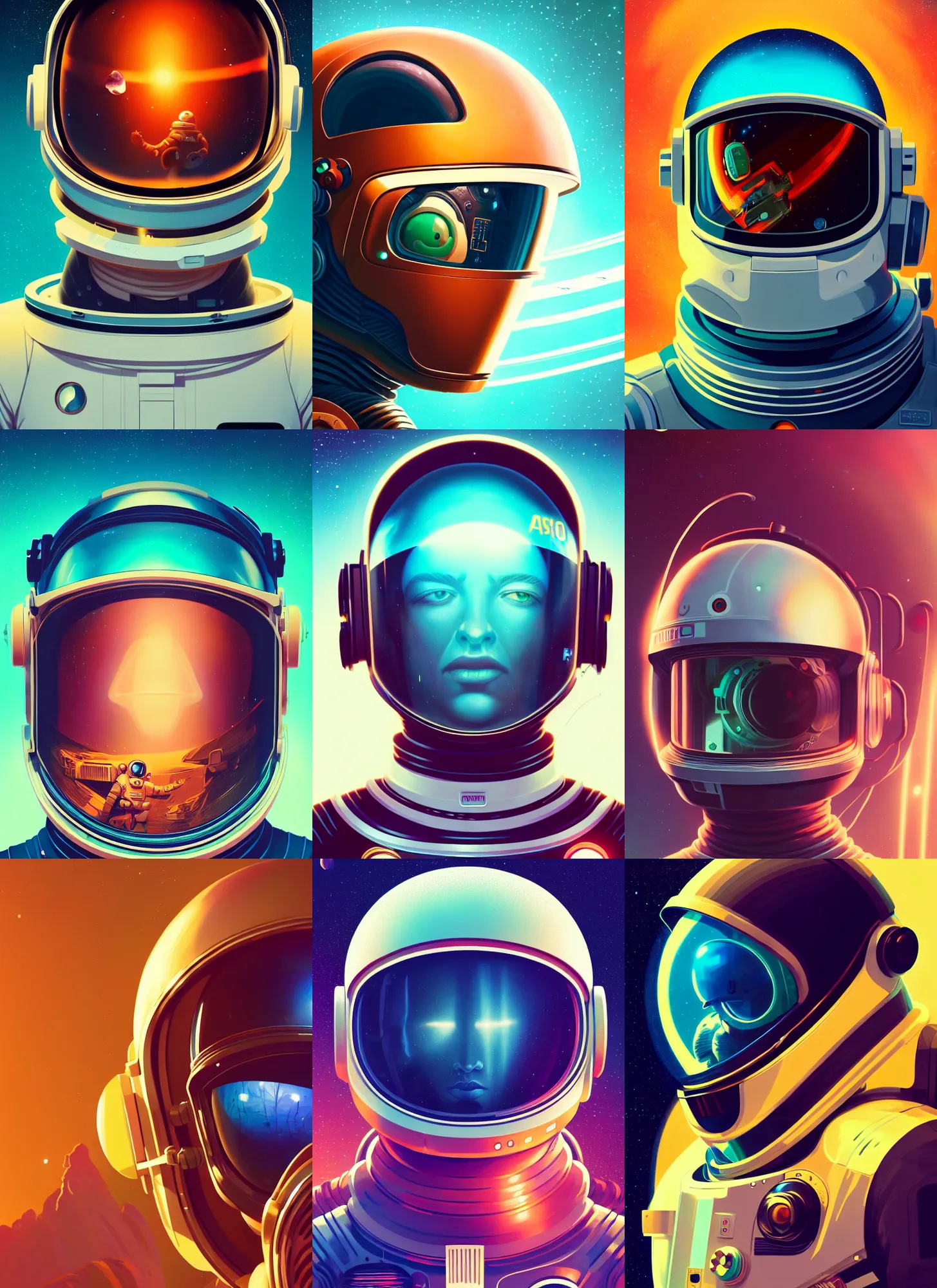 Prompt: retrofuturistic portrait of an android in astronaut helmet, space graphics art in background, close up, wlop, dan mumford, artgerm, liam brazier, peter mohrbacher, 8 k, raw, featured in artstation, octane render, cinematic, elegant, intricate, 8 k