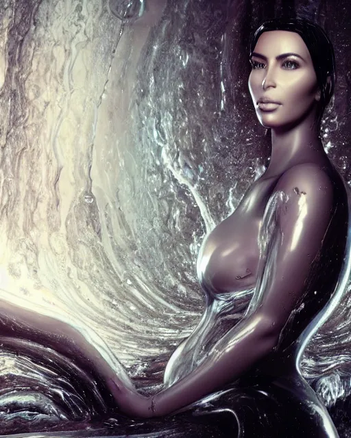 Image similar to cinematic full - body - shot still of kim kardashian unconscious in a transparent alien liquid, wet flowing hair, gooey skin, illustration, unreal engine 5, 8 k, made by h. r. giger.