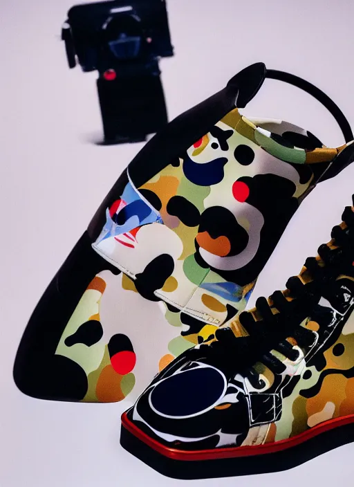 Prompt: hyperrealistic and heavy detailed product photo bape avant garde shoe of movie the fifth element, in front of white back drop, whole shoe is in picture, leica sl 2 5 0 mm, vivid color, high quality, high textured, real life