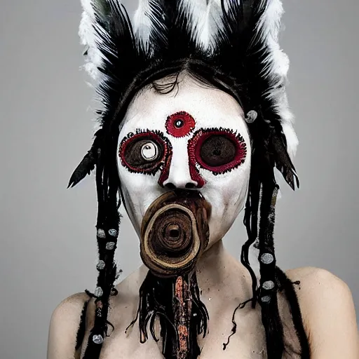 Prompt: a third eye hyphae shaman with bone virtual reality headset brain - to - brain sensing interface mask, made of fungal mycelial mats used as textile shamanic mask by indigenous people of north america, with black dripping liquid latex embossed tentacular waterly biocouture tattoos