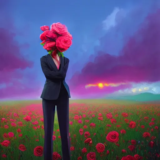 Prompt: closeup, big rose flower head, frontal, girl in a suit, surreal photography, sunrise, blue sky, dramatic light, impressionist painting, digital painting, artstation, simon stalenhag