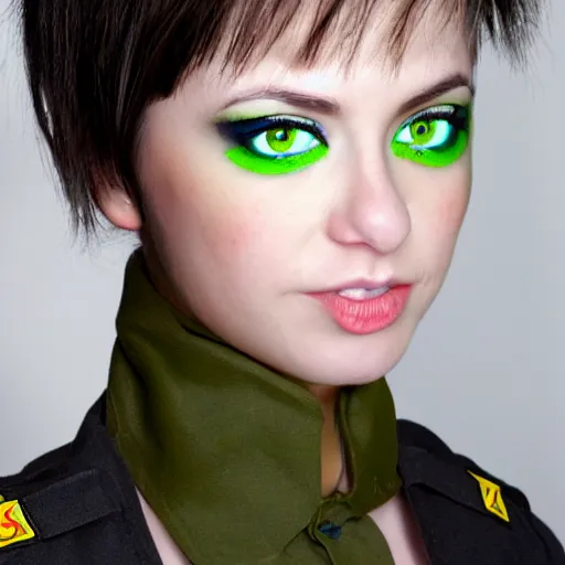 Prompt: brunette woman, bright green eyes, short hair, flipped out hair, military uniform, anime style