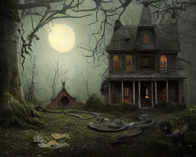 Image similar to the scariest witches house with giant snakes on the roof, in the scariest dark forest, epic scene, dark, scary, horror, frightening, fantasy, cinematic, redshift render, cgi, hyper - detailed, photo - bash, 8 k post - production, masterpiece, in the style of greg rutkowski