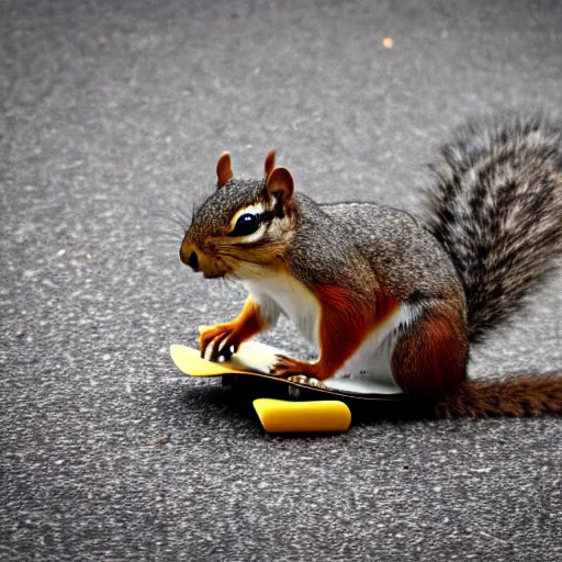 Prompt: a photo of a squirrel on a skateboard