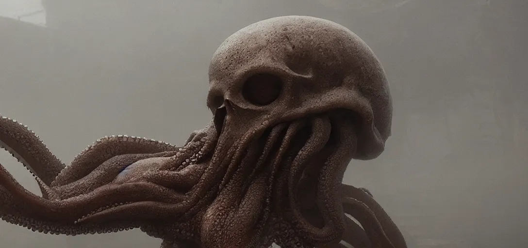 Prompt: an octopus in the shape of a [ [ skull ] ], foggy, cinematic shot, photo still from movie by denis villeneuve, wayne barlowe