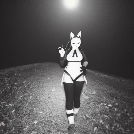 Image similar to cosplay cat girl caught on midnight trail cam, black and white