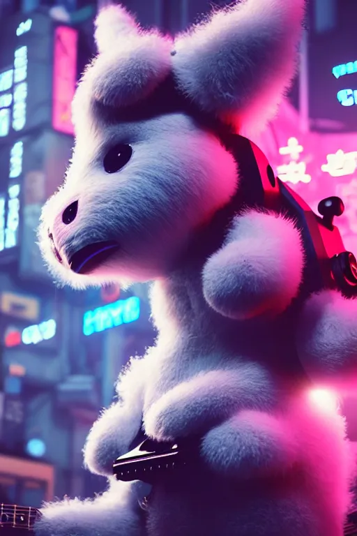 Image similar to high quality 3 d render very cute fluffy! cyborg cow plays guitar, cyberpunk highly detailed, unreal engine cinematic smooth, in the style of blade runner & detective pikachu, hannah yata charlie immer, moody light, low angle, uhd 8 k, sharp focus