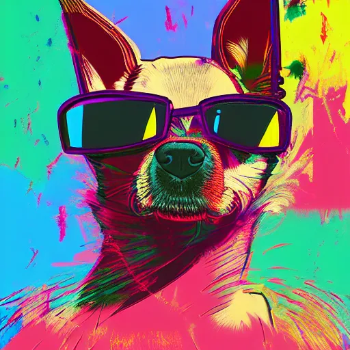 Image similar to illustration of cyberpunk chihuahua in vr helmet, colorful splatters, by andy warhol and by zac retz and by kezie demessance