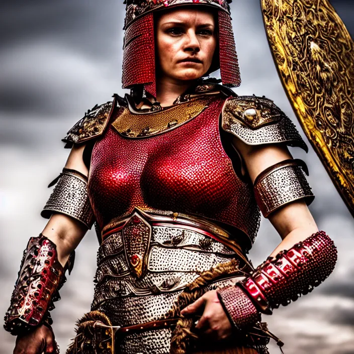 Image similar to full length photo of a beautiful strong warrior queen wearing ruby encrusted armour, highly detailed, 4 k, hdr, smooth, sharp focus, high resolution, award - winning photo