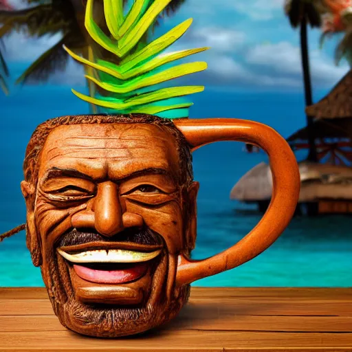 Image similar to a closeup photorealistic photograph of smiling salvador dali at trader vic's bar sitting next to a trader vic's style tiki mug featuring the face of salvador dali. tiki culture. bright scene. 4 k hd image that's trending on artstation, featured on behance, well rendered, extra crisp, features epic composition and the style of unreal engine.