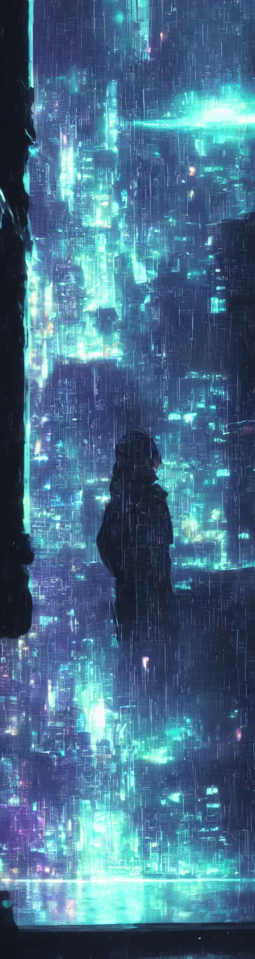 Image similar to one cyber godly person made of cosmic nebula galaxy energy watching a rainy colorful complex cyberpunk futuristic holographic city from behind at night through a window in a room, akira, reflections, 8 k, photorealistic, concept art, wet, highly detailed, cinematic mood by ridley scott, ghost in the shell, trending on artstation, glowing and epic