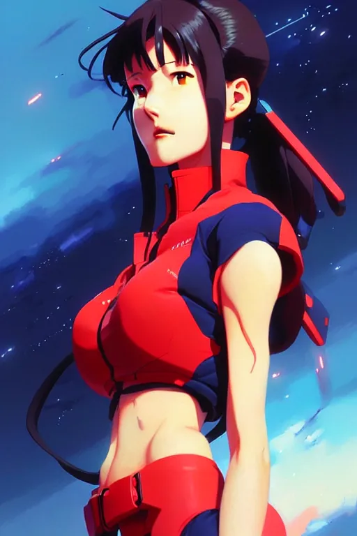 Image similar to a ultradetailed beautiful painting of misato from evangelion, by greg rutkowski and makoto shinkai trending on artstation