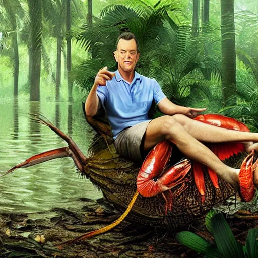 Image similar to Tom Hanks as forrest gump sitting on a giant shrimp in the jungle, realistic digital painting, photoreailstic, realistic face, amazing detail, sharp