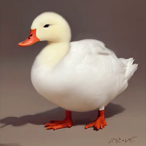 Prompt: cute white round duck, 4 k oil on linen by wlop, artgerm, andrei riabovitchev, nuri iyem, james gurney, james jean, greg rutkowski, highly detailed, soft lighting 8 k resolution