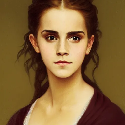 Image similar to Painting of Emma Watson as Hermione Granger. Green eyes. Art by william adolphe bouguereau. At night time. Extremely detailed. Beautiful. 4K. Award winning.