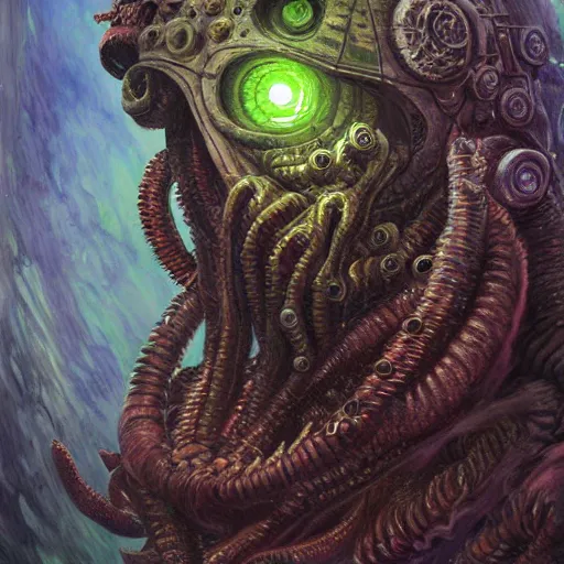 Prompt: A cyborg Cthulhu as the ultimate tyrant emperor of the universe. Realistic sci-fi cyberpunk concept. Trending on ArtStation. A vibrant digital oil painting. A highly detailed fantasy character illustration by Wayne Reynolds and Charles Monet and Gustave Dore and Carl Critchlow and Bram Sels
