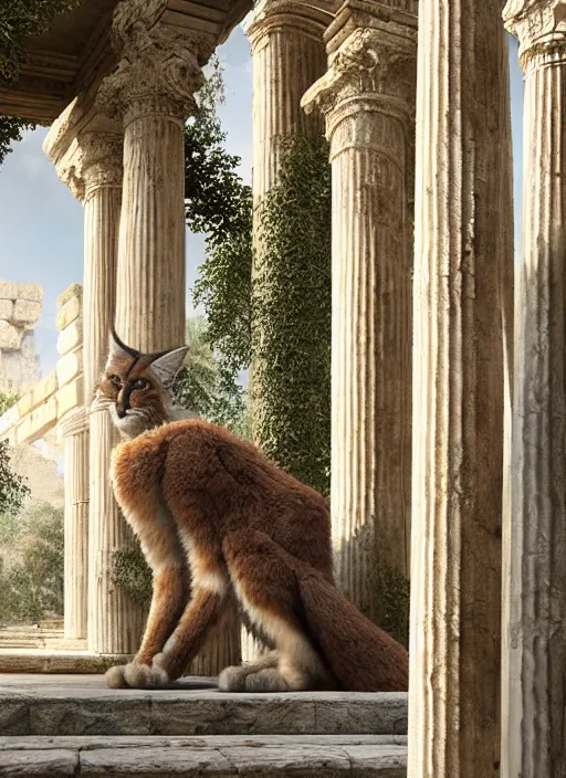 Image similar to hyper realistic fluffy caracal dressed in toga, in ancient greek city, marble columns, temple, olive trees, atmospheric beautiful details, strong composition painted by kim jung giu weta studio rutkowski, james gurney and greg rutkowski, and lucasfilm