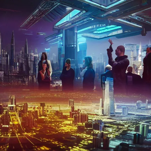 Prompt: large group of people, looking at hologram of futuristic city on a table, cinematic concept art, warehouse interior, godrays, golden hour, 4 k, clear details, tabletop model buildings, tabletop model, hologram center