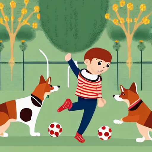 Image similar to illustration of french boy in paris playing football against a corgi, the corgi is wearing a polka dot scarf