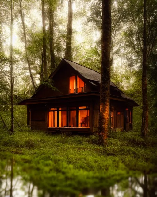 Image similar to an exquisite wooden house in a lush forest, architectural photography, dark and dim lighting, beautiful, tranquil, moody, cinematic, fantasy, 3 5 mm lens, volumetric lighting, first person view, photographic render, hyper realistic