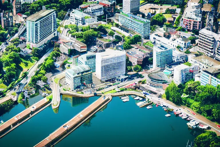 Image similar to bird's eye view photography of a small city. town hall, central farm, monorail station, beach and harbor. hills, woods and lake to the north.