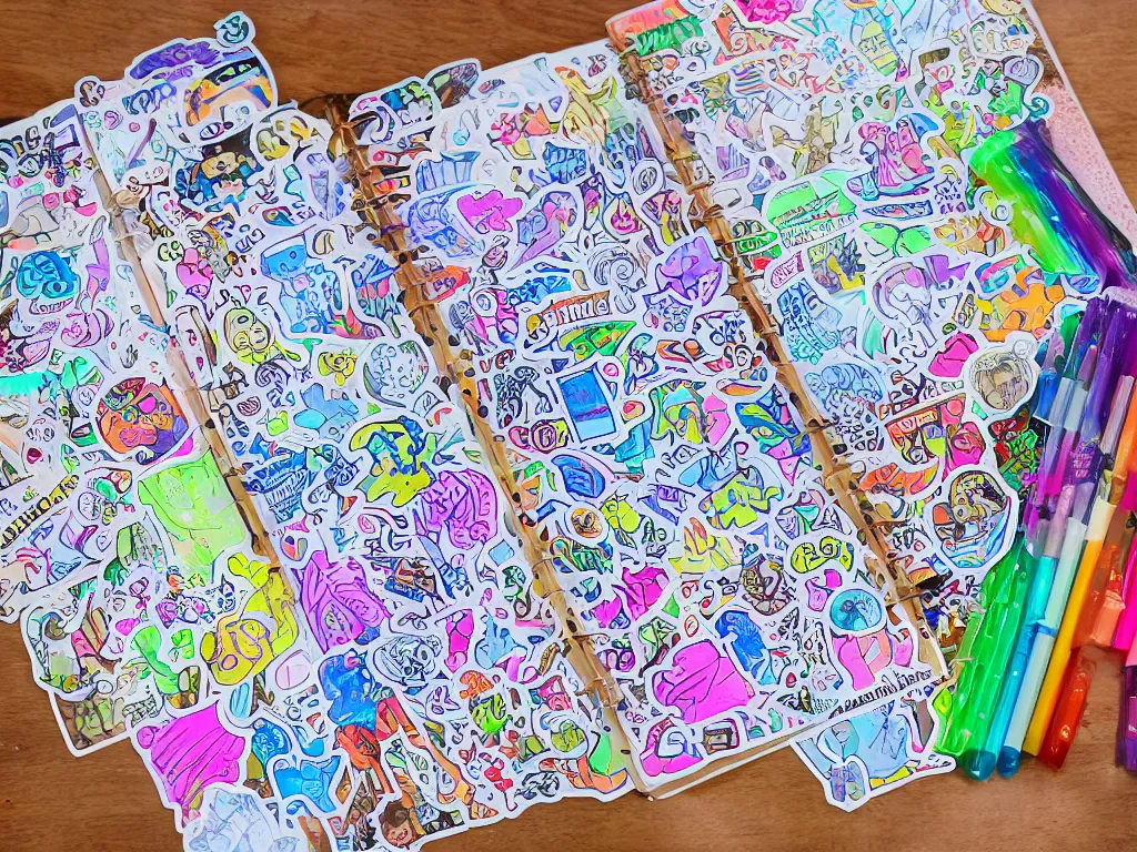 Image similar to a school notebook covered in doodles, stickers, glitter, and holographic stickers