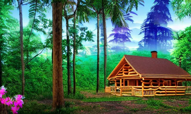 Image similar to Log Cabin in a vaporwave jungle, 4k Photograph