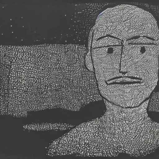 Image similar to dream A portrait of a man, by Karl Wiener, nighttime foreground, (abstract), figurative, ((((unreal engine)))), (pen), (((dark colors))), ((((dirt brick road)))), Absurdist! art