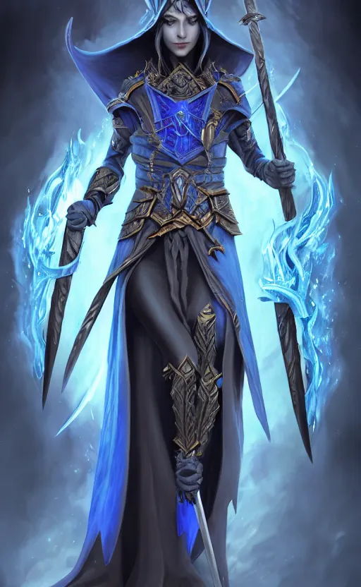 Image similar to legendary dark elf wizard with blue flame staff, highly detailed, d & d, fantasy, highly detailed, digital painting, trending on artstation, concept art, sharp focus, illustration, global illumination, ray tracing, realistic shaded, art by artgerm and greg rutkowski and fuji choko and viktoria gavrilenko and hoang lap