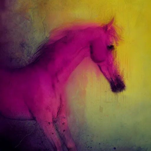 Prompt: a babyhorse by cy Twombly and BASTIEN LECOUFFE DEHARME, pink and yellow, iridescent, volumetric lighting