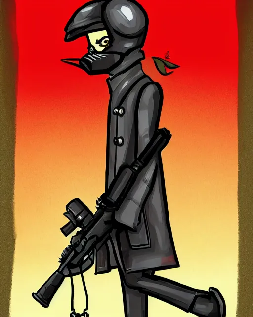 Image similar to a fox wearing a black trench - coat holding a mini - gun, comic art style, digital art,