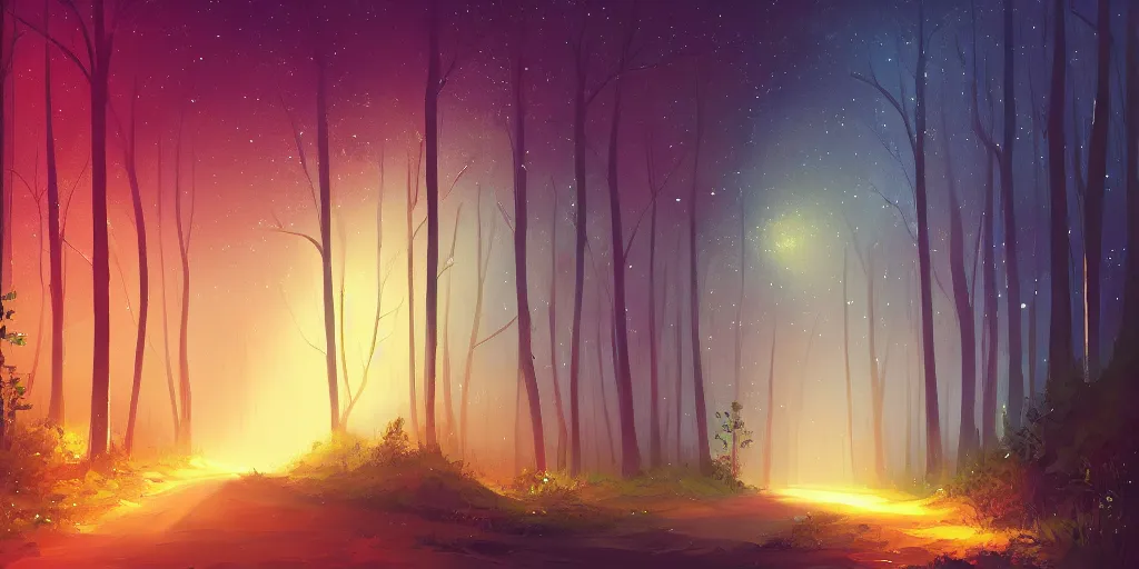 Image similar to colorful sylvain sarrailh illustration of a dark night view down an empty forest tunnel, brightly illuminated by rays of moon, wildflowers, artstation