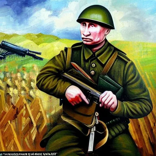 Prompt: Putin is sitting in the trenches and defending himself from Ukrainian troops, modern painting style