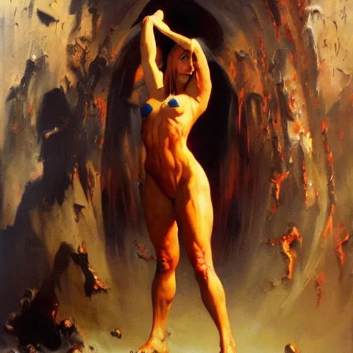 Prompt: Woman at the gates of hell, art by Frank Frazetta, oil painting, high detail, trending on artstation