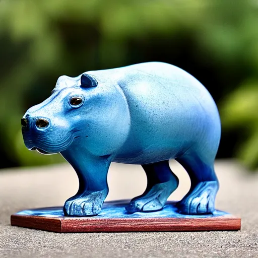 Image similar to a small smooth hippo statue carved from natural wood, dipped in polished blue epoxy resin, seamless organic edges, mixed materials, side view