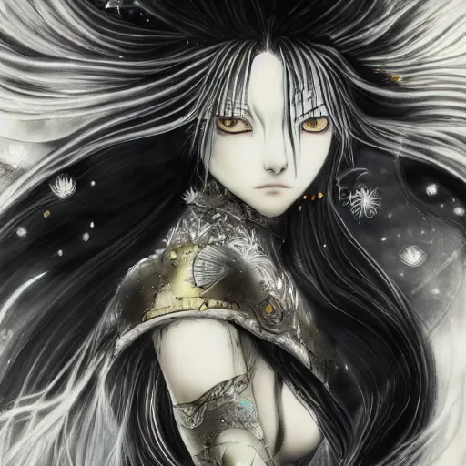 Image similar to yoshitaka amano blurred and dreamy illustration of an anime girl with black eyes, wavy white hair fluttering in the wind wearing elden ring armor and engraving, abstract black and white patterns on the background, noisy film grain effect, highly detailed, renaissance oil painting, weird portrait angle, blurred lost edges, three quarter view